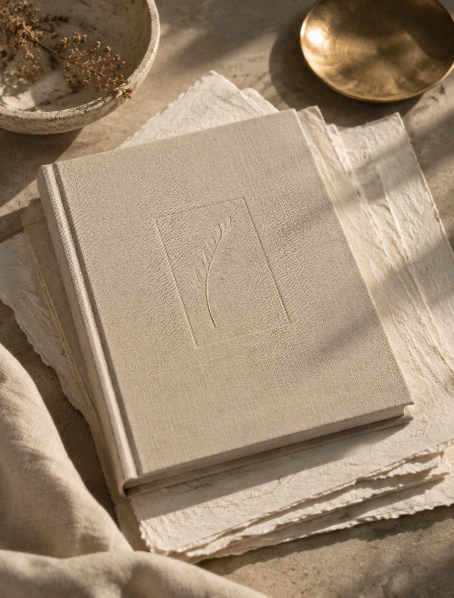 A linen-bound volume resting on sheets of archival cotton paper in morning light
